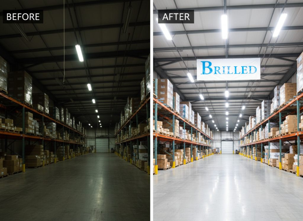 Before and after warehouse lighting upgrade with Brilled Lighting LED fixtures, showing improved brightness and energy efficiency