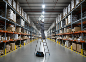 Worker on ladder installing LED retrofit kit in a large commercial warehouse, Brilled Lighting tool bag visible